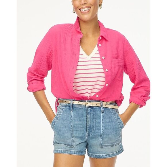 J Crew Double-gauze Button Down Shirt Pink Cotton Size Medium Swim Cover Up - Picture 2 of 12